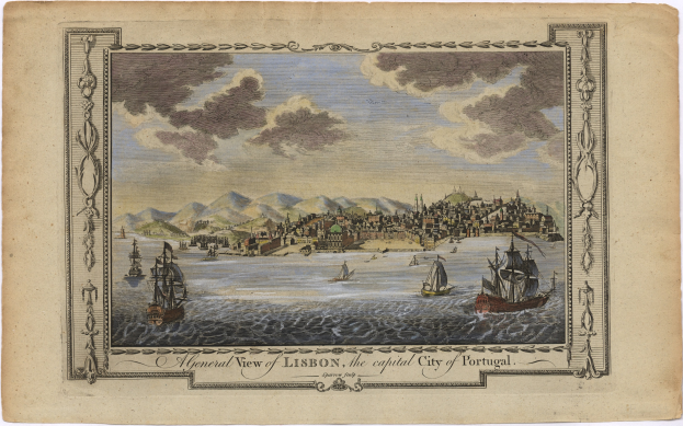 Luftaufnahme von Lissabon, Portugal, mit Booten auf dem Wasser, Gebäuden, Hügeln und einem bewölkten Himmel, mit Text unten.