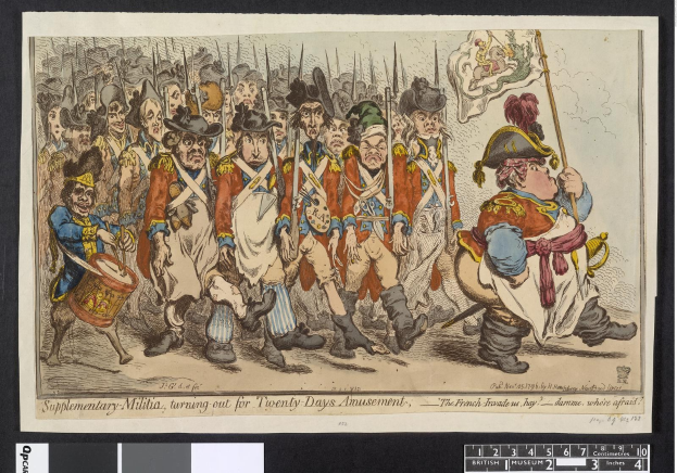 Gruppe von Männern in Militäruniformen marschiert auf einer Straße, einer hält einen Stock in der Hand, mit Text unten: 'Ergänzender Militärdienst, Ausmarsch für zwanzig Tage Vergnügen'.