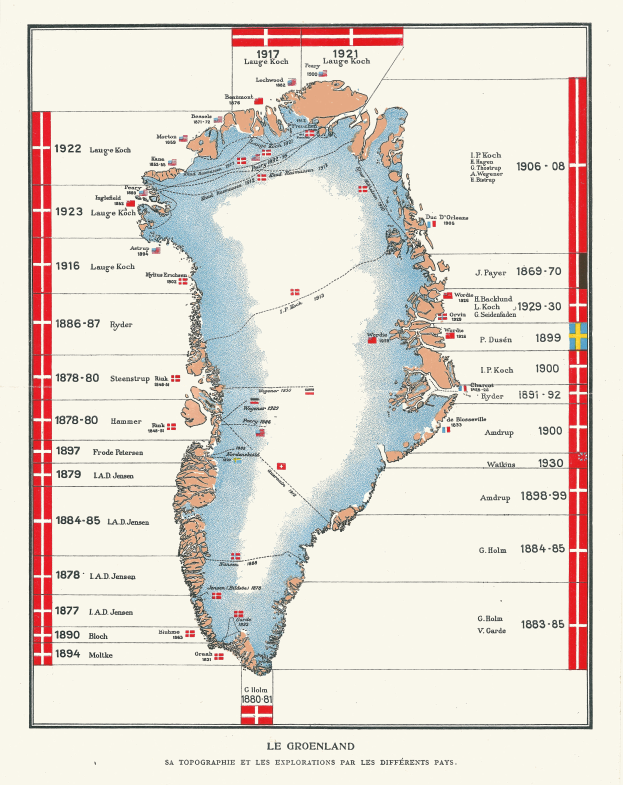 Eine Karte von Grönland mit der Ausdehnung des arktischen Meereises, gefüllt mit Text und Zahlen, die die Region detailreich beschreiben.