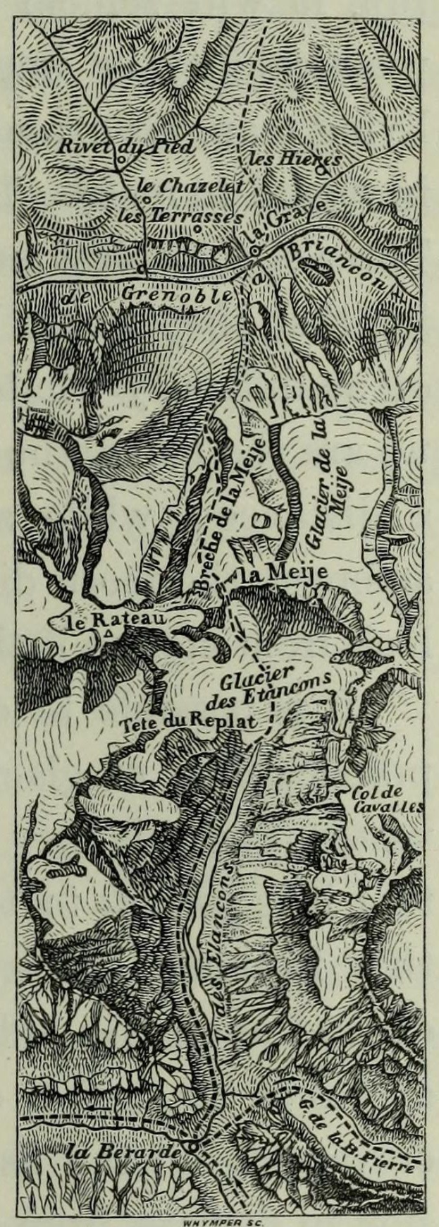 Schwarze und weiße topografische Karte des Rheins, die Höhenlinien und Gelände zeigt, mit Textbeschriftungen von Städten und geografischen Merkmalen.