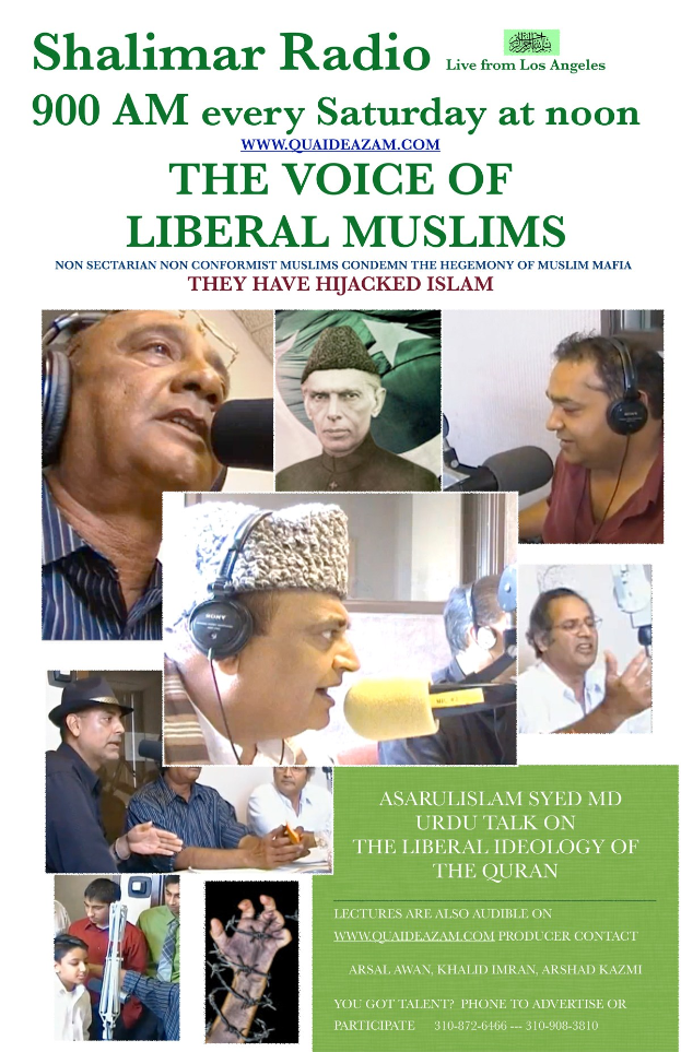 Plakat für den Radiosender "Die Stimme der liberalen Muslime" mit Bildern von Menschen mit Kopfhörern und Mikrofonen in einem Gespräch.