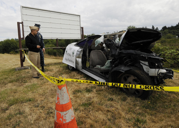 Ein Polizeibeamter in Uniform steht neben einem schwer beschädigten Auto am Straßenrand mit eingedrückter Motorhaube und zersplitterten Fenstern, neben einem Verkehrskegel und einem bandagierten Pfahl, mit Bäumen und einem bewölktem Himmel.