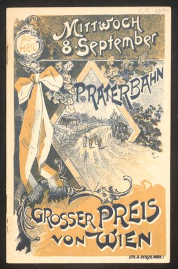 Ein altes Konzertplakat mit einem zentralen menschlichen Gesicht und dem Text "Grosser Preis von Wien" auf einem schwarzen Hintergrund.
