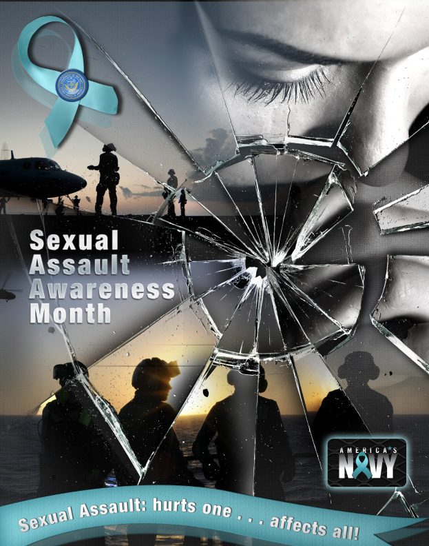 Plakat zum Sexual Assault Awareness Month mit einem zerbrochenen Glas umgeben von Silhouetten von Menschen, einem Flugzeug und Wasser mit einem Logo unten.