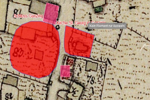 Eine Stadtkarte mit einem roten Hakenkreuz in der Mitte, umgeben von Text und Zahlen.