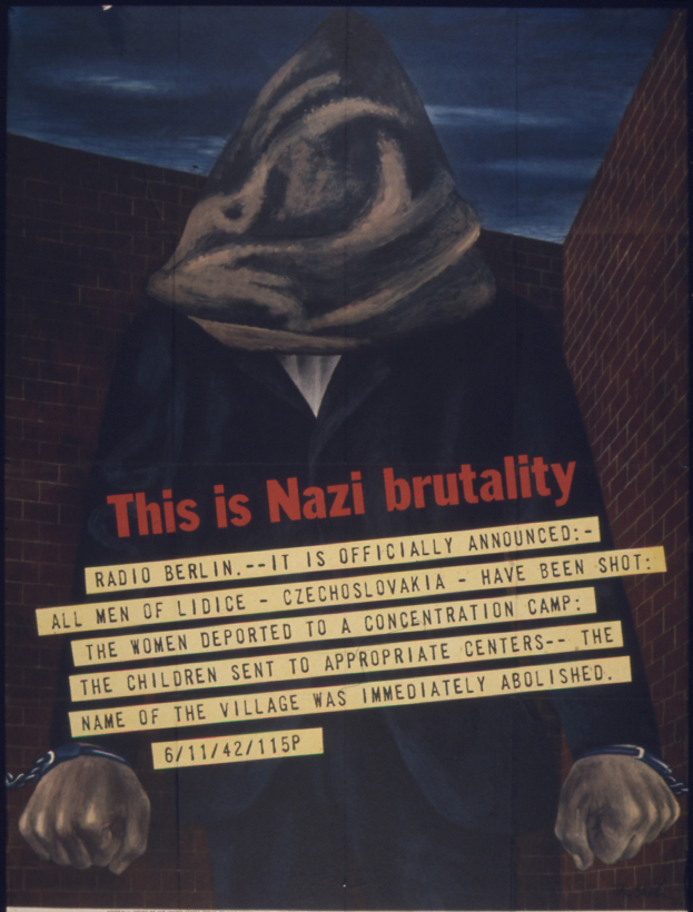 Ein Plakat an einer Wand mit einer Person in einer schwarzen Kapuzenjacke und Maske mit einem strengen Gesichtsausdruck, darüber in fetter weißer Schrift 'Das ist Nazi-Gewalt' geschrieben.
