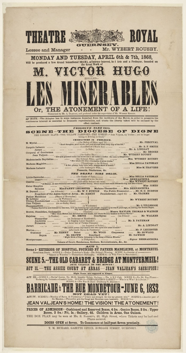 Schwarze und weiße Zeitungsanzeige für das Theatre Royal, London, bewirbt eine Vorstellung von *Les Misérables*.