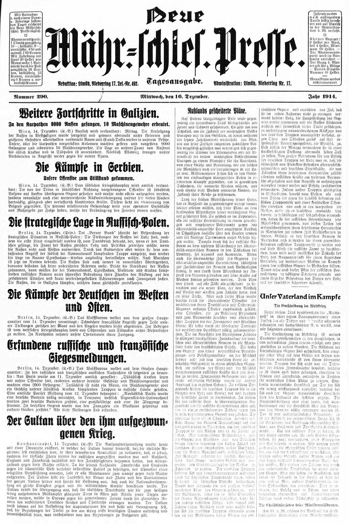Titelseite einer deutschen Zeitung vom 18. September 1914 mit einem Schwarz-Weiß-Foto eines Mannes im Anzug und Krawatte, mit der Schlagzeile "Deutsches Reichstag, Vol 1, No 1".