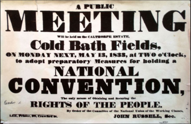 Schwarz-weißes Plakat, das eine öffentliche Versammlung mit dem Titel "Öffentliche Versammlung, Cold Bath Fields, National Convention, Rights of the People" ankündigt.