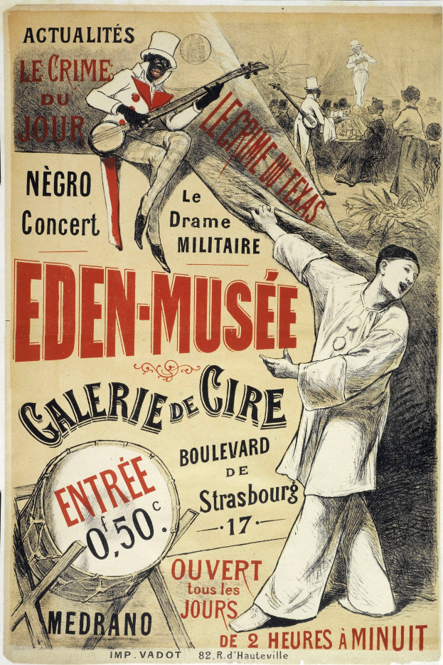 Ein Plakat für das Eden-Museum Galerie de Cire in Straßburg, Frankreich, das eine Person zeigt, die ein Musikinstrument spielt und von anderen Musikern umgeben ist, die verschiedene Instrumente spielen, mit Text, der Informationen zum Event enthält.