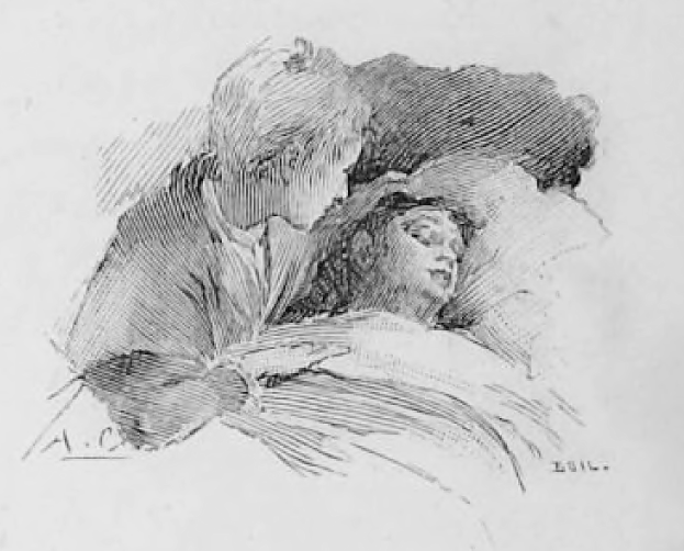 Eine Schwarz-Weiß-Zeichnung eines Mannes in einem Anzug und einer Frau mit geschlossenen Augen auf einem Bett liegend, mit dem Arm des Mannes um ihre Schulter, und Text unten.