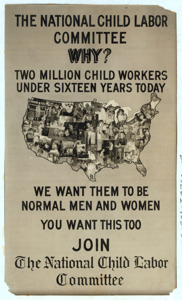 Plakat mit der Aufschrift "Nationaler Ausschuss für Kinderarbeit: Warum? Zweieinhalb Millionen Kinderarbeiter unter sechzehn Jahren heute" mit einer USA-Karte und Abbildungen von Ausschussmitgliedern.