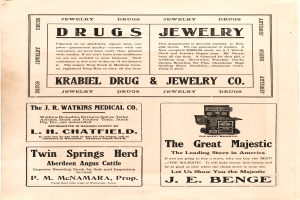 Eine alte Werbung für eine Drogerie und Juweliergeschäft, das ein Katalog mit Text und Bildern verschiedener Artikel zeigt.