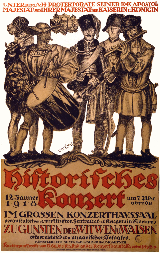 Plakat mit einer Gruppe von Männern in bunten Kleidern, die Trommeln, Trompeten und Gitarren spielen, mit Text, der das Ereignis beschreibt.
