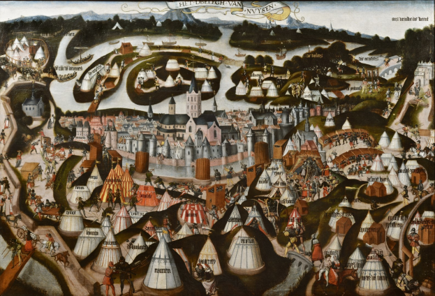 Ein Gemälde einer Stadtlandschaft mit zahlreichen Menschen, Zelten, Gebäuden, Bäumen, Hügeln und Wasser, betitelt mit "Hieronymus Boschs Karte des Königreichs Sachsen" oben und unten.