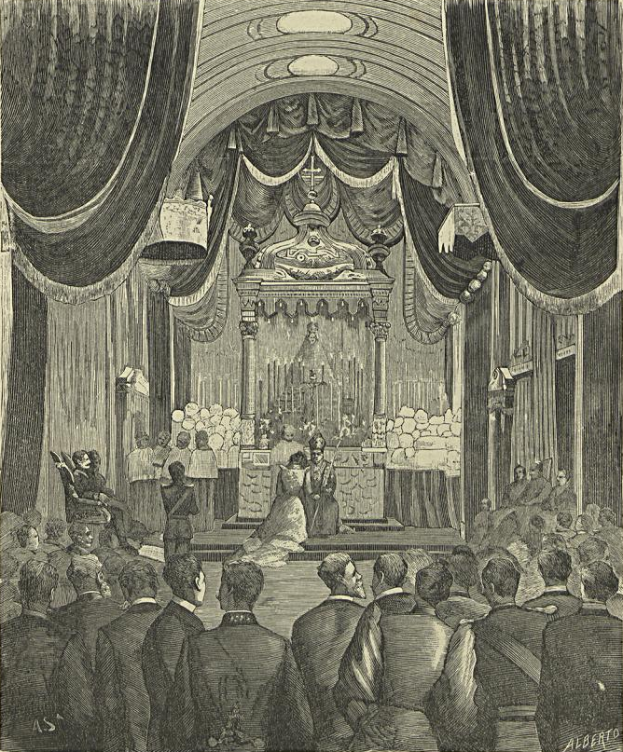 Eine Schwarz-Weiß-Zeichnung einer TheaterSzene mit einer Menschenmenge, einige stehen und einige sitzen, und einer Person auf der Bühne umgeben von Stühlen und Gegenständen, mit Vorhängen oben und unten und Text auf dem Bild.