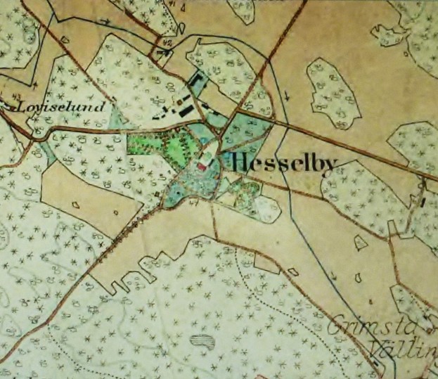 Ein altes Stadtplan von der Stadt Hesselby, das detaillierte Straßen, Gebäude und Sehenswürdigkeiten zeigt, mit Text und Zahlen, die Standorte angeben.