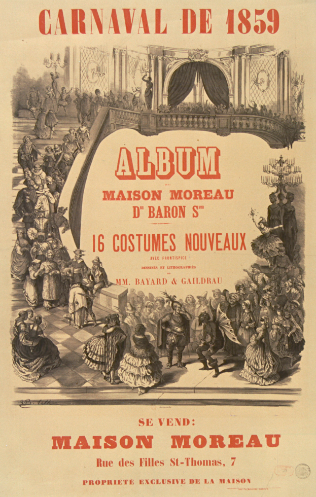 Ein altes Plakat für den Karneval von 1859, das eine Gruppe in bunten Kostümen mit beschreibendem Text zeigt.