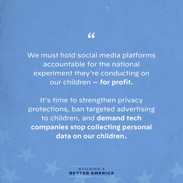 Plakat mit einem Zitat aus Building a Better America, das die Rechenschaftspflicht von Social-Media-Plattformen für ihren Einfluss auf Kinder betont, dekoriert mit Sternen.