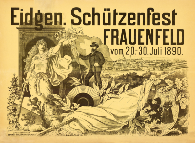 Ein Vintage-Plakat, das das Eidgen Schützenfest in Frauenfeld, Deutschland ankündigt und einen Mann in einem Anzug und eine Frau in einem Kleid zeigt, die nebeneinander stehen, mit Details des Ereignisses darauf geschrieben.