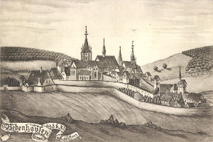 Eine Schwarz-Weiß-Zeichnung einer Stadt mit einem zentralen Schloss, umgeben von Häusern, Bäumen, Hügeln und Himmel, mit der Beschriftung "Bayerisch" unten.