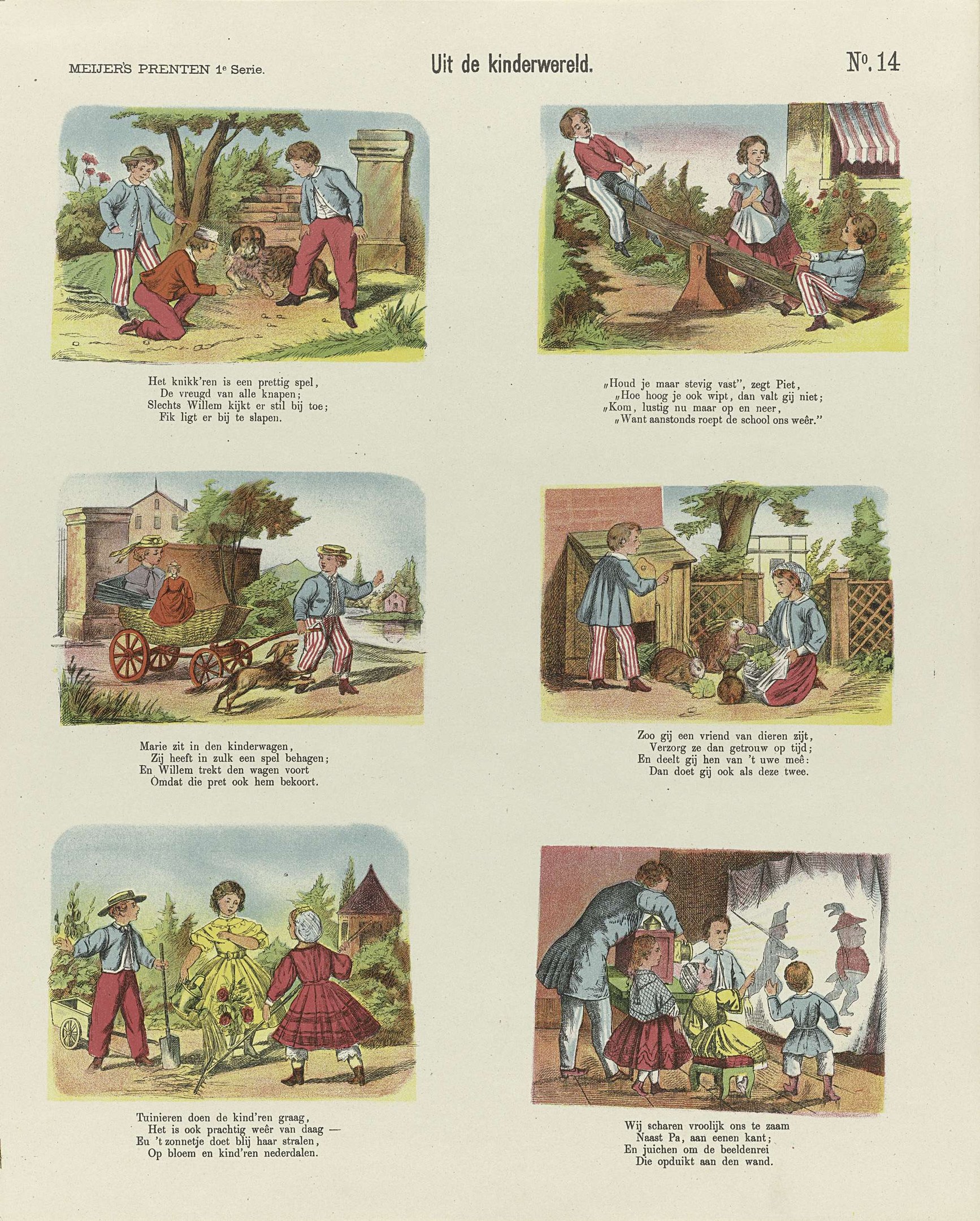 Offenes Buch mit Illustrationen von Kindern, die im Park spielen, umgeben von Bäumen, Gebäuden und einem Wagen, neben Text.