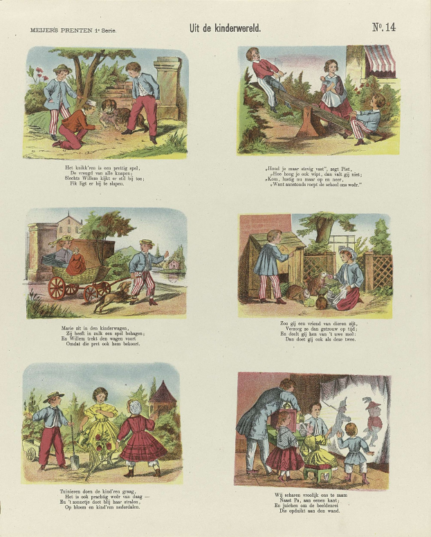 Offenes Buch mit Illustrationen von Kindern, die im Park spielen, umgeben von Bäumen, Gebäuden und einem Wagen, neben Text.