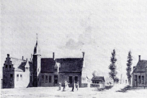 Ein Schwarz-Weiß-Zeichnung einer Stadtstraße mit der Kirche der Heiligen Dreifaltigkeit im Hintergrund, umgeben von Gebäuden, Bäumen und Menschen, mit Text unten lesend "Die Kirche der Heiligen Dreifaltigkeit in Den Haag, Niederlande".