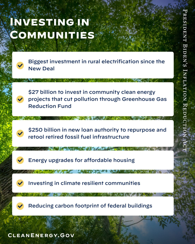 Plakat mit Bäumen und Himmel als Hintergrund, das den Text "Investing in Communities: Größte Investition in ländliche Elektrizität seit dem New Deal" anzeigt.