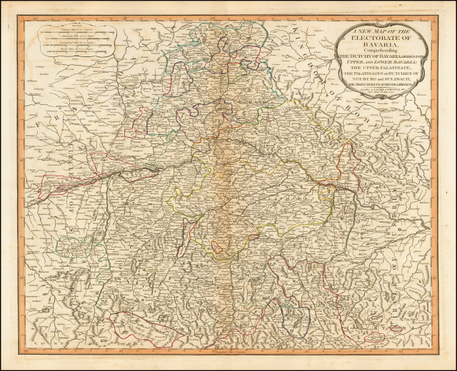 Ein gerahmtes Bild der Wahlkreise Bayerns, das die deutschen und österreichischen Provinzen zeigt.