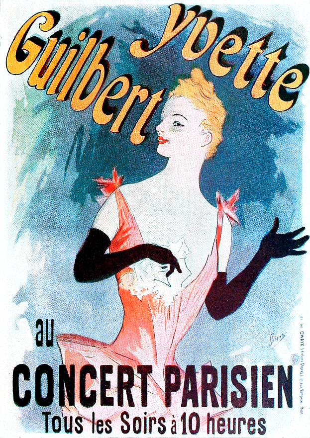 Ein Plakat, das ein Konzert in Paris ankündigt und eine Frau in einem rosafarbenen Kleid zeigt, mit Texten, die das Ereignis beschreiben.