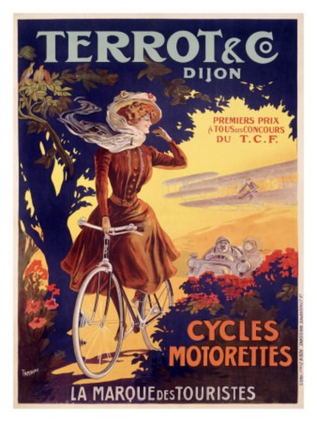 Ein Plakat, das eine Fahrradtour in Frankreich bewirbt, zeigt eine Frau auf einem Fahrrad umgeben von Bäumen, Blumen und anderen Menschen, mit Text, der die Tour beschreibt.