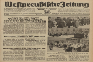 Schwarze Titelseite einer deutschen Zeitung vom 13. November 1939, betitelt 'Weitpreubliche Zeitung', zeigt eine Gruppe von Menschen in traditioneller deutscher Tracht in einer feierlichen Umgebung.