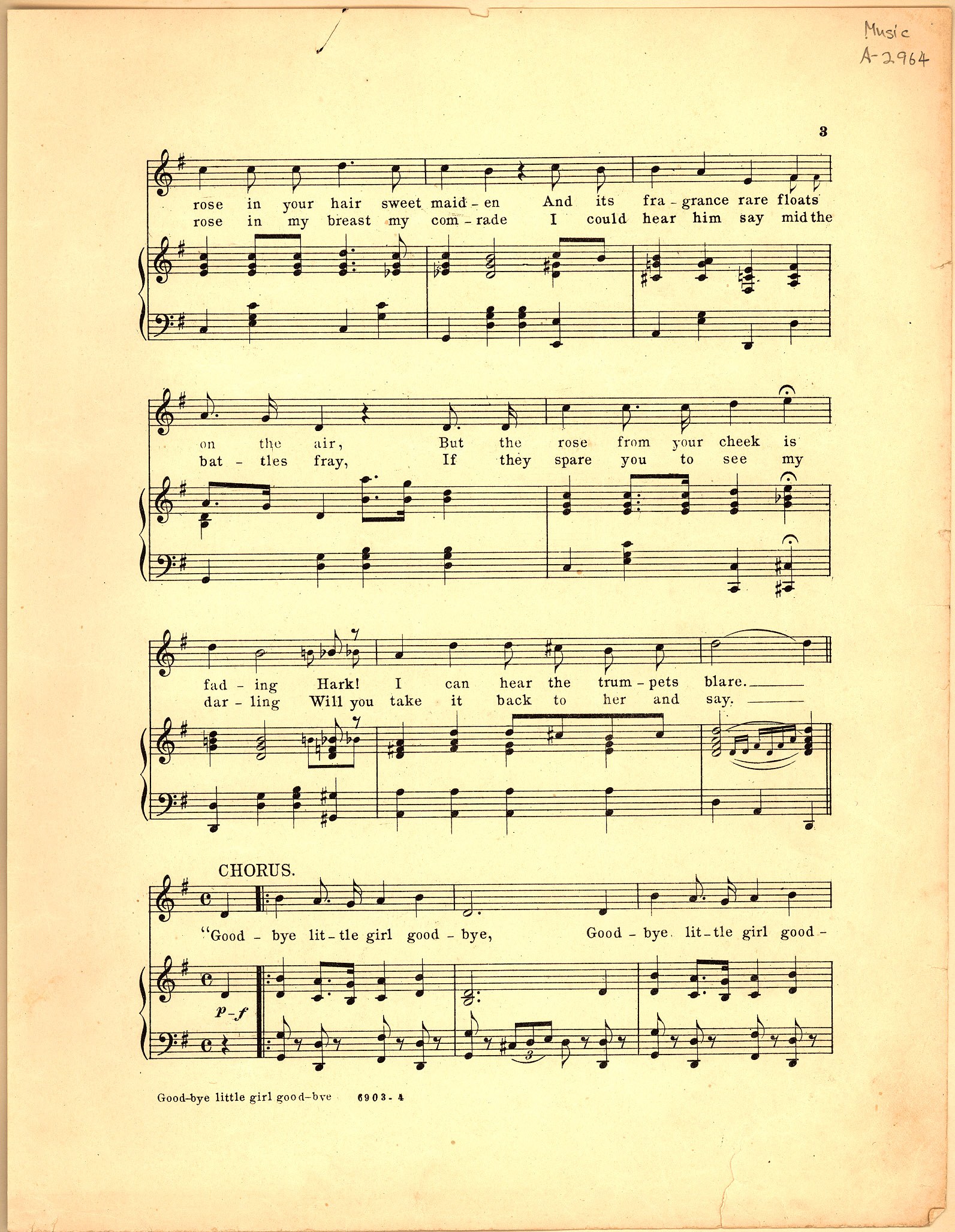 Altes Notenblatt mit dem Titel 'Goodbye Little Girl' mit Violinschlüssel und Bassschlüssel-Notation, Text und einem hellen Cremehintergrund.
