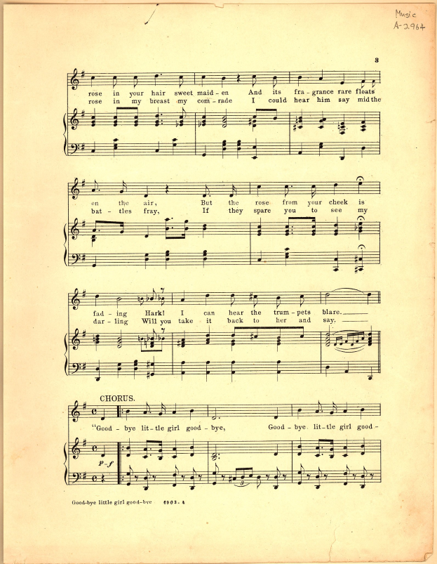 Altes Notenblatt mit dem Titel 'Goodbye Little Girl' mit Violinschlüssel und Bassschlüssel-Notation, Text und einem hellen Cremehintergrund.
