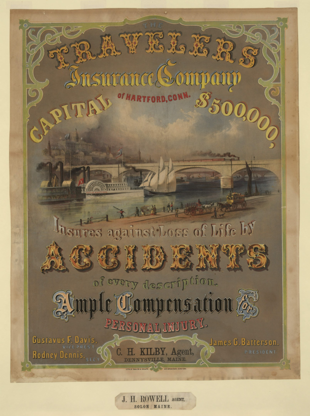 Werbeposter für die Traveler's Insurance Company of Hartford, Conn., mit Booten, Brücke, Gebäuden und Text, der Reiseversicherungsdienstleistungen anpreist.