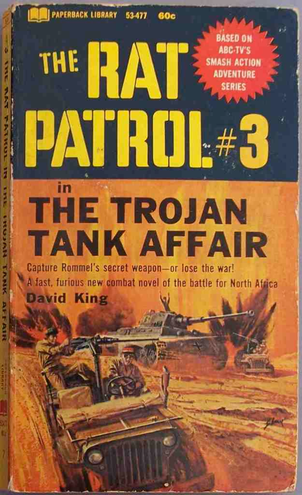 Ein Buchumschlag mit Armee-Panzern und Jeeps in einer Kriegs-Szene mit Text darüber.
