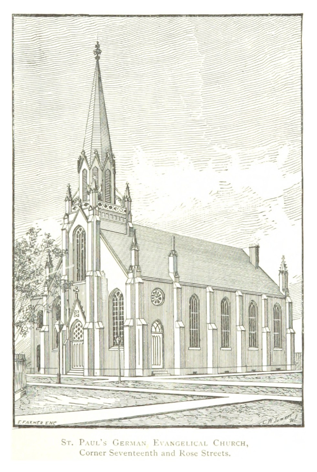 Eine Zeichnung der evangelischen St. Pauls-Kirche mit einem Baum im Vordergrund und einem klaren blauen Himmel im Hintergrund, mit Text am unteren Rand des Bildes.