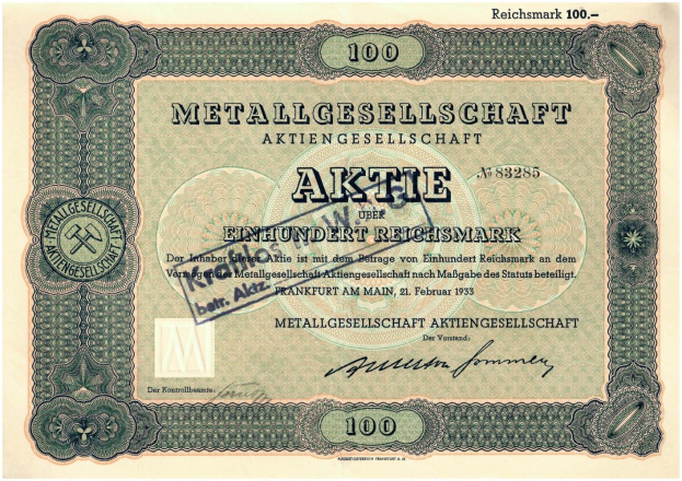 Alte deutsche 100 Reichsmark-Banknote von 1933 mit der Aufschrift "Metallgesellschaft Aktie."