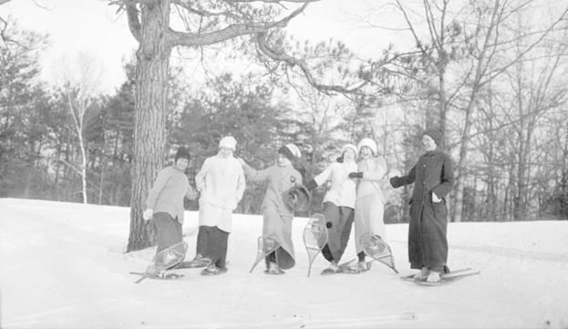 Sechs Frauen auf Snowboards auf einer schneebedeckten Piste mit Bäumen im Hintergrund.