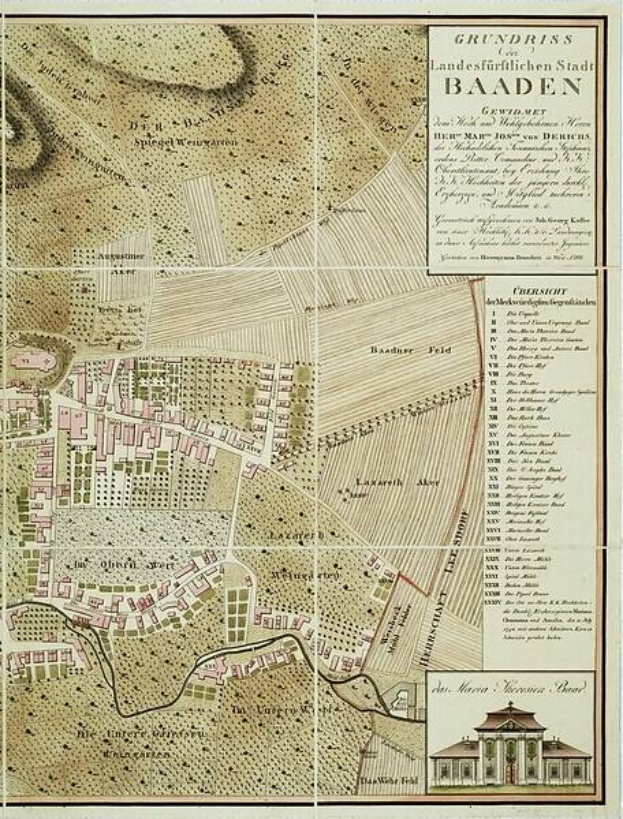Detailiertes altes Stadtplan von Baden-Württemberg, Deutschland, mit einem Gebäude in der rechten unteren Ecke, das Straßen, Gebäude und Sehenswürdigkeiten mit zusätzlichen Textinformationen zeigt.