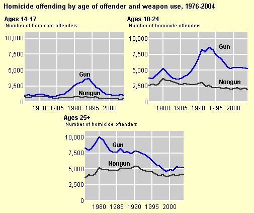 Eine Liniengrafik, die die Homicide-Offending-Rates nach Alter des Täters und Waffengebrauch von 1976 bis 2004 zeigt, mit begleitendem erklärendem Text.