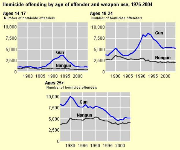Eine Liniengrafik, die die Homicide-Offending-Rates nach Alter des Täters und Waffengebrauch von 1976 bis 2004 zeigt, mit begleitendem erklärendem Text.