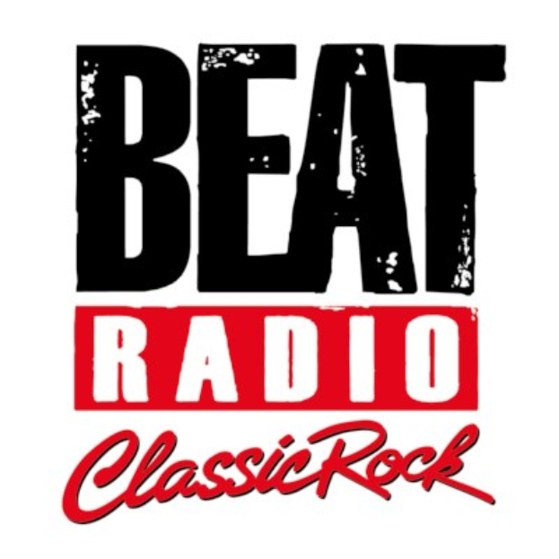 Plakat mit 'Beat Radio Classic Rock' in fetter schwarzer Schrift auf einem weißen Hintergrund, umrandet von einem hellgelben und einem schwarzen äußeren Rand.