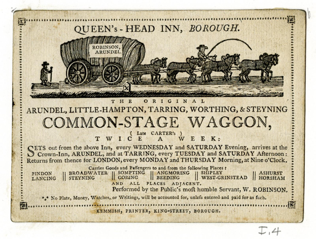 Ein altes Werbeplakat für die Queen's Head Inn in Borough, das eine Common-stage-Kutsche mit einigen Menschen und Pferden zeigt, die sie ziehen, mit Text, der wahrscheinlich ein Ereignis ankündigt.