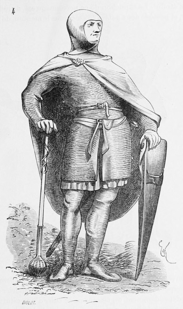 Ein Mann in mittelalterlicher Rüstung, der ein Schwert und einen Schild hält, steht in einer heroischen Pose mit detaillierten Gesichtsmerkmalen und einer starken, stolzen Haltung.