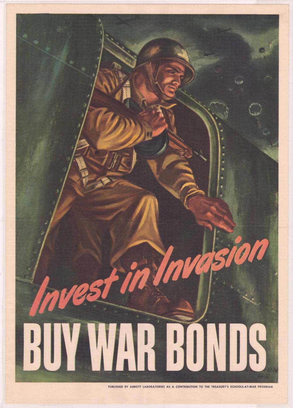 Plakat mit einem Soldaten in einem Helm und einer Militäruniform, der eine Waffe hält, mit dem Text "Investiere in die Invasion, Kaufe Kriegsanleihen" und einem entschlossenen Gesichtsausdruck.