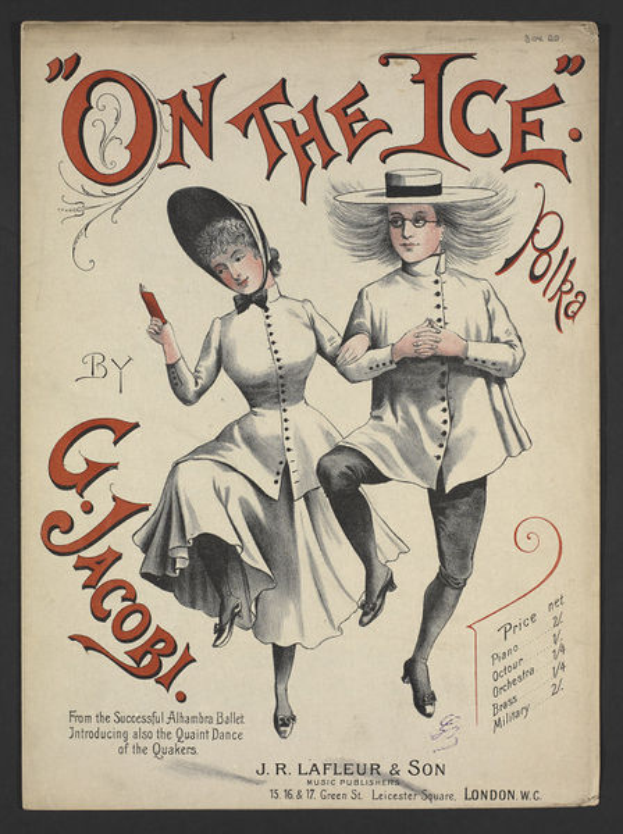 Ein Vintage-Plakat zeigt einen Mann und eine Frau in traditioneller Kleidung, die auf glänzendem Eis tanzen, mit der Aufschrift "Auf dem Eis von G.J. Jacob" oben drauf, in einem gedämpften Blau- und Weiß-Farbton.