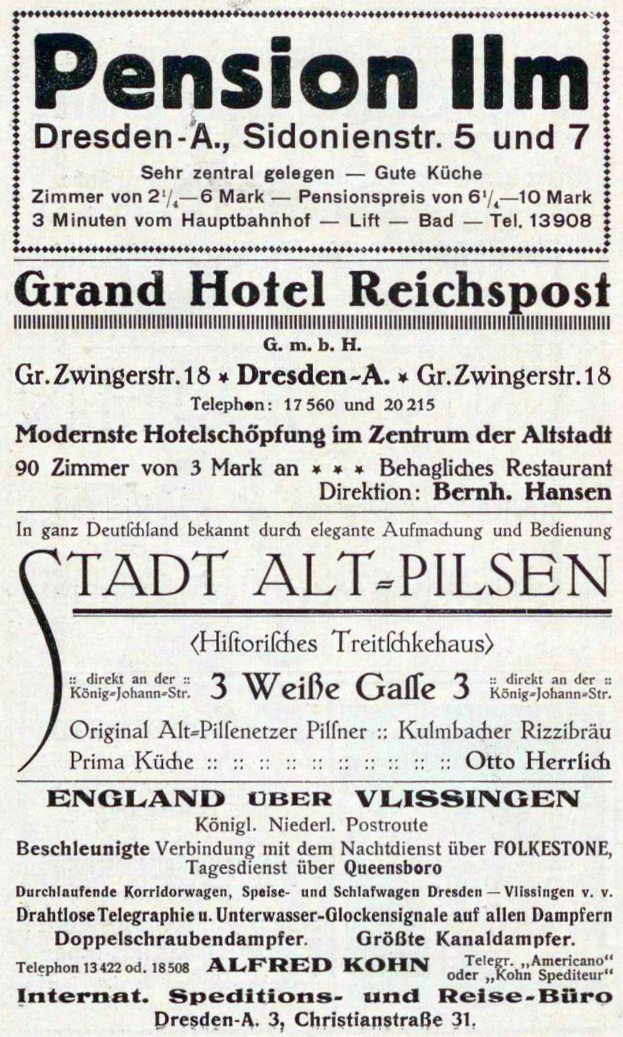 Eine alte Zeitungsanzeige für das Pensionshaus in Dresden, Deutschland, mit schwarzem Text auf weißem Hintergrund.