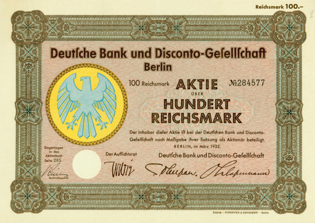 Deutsches Banknotenmotiv mit einer Vogeldarstellung und der Aufschrift "Deutsche Bank und Disconto-Gesellschaft Berlin".